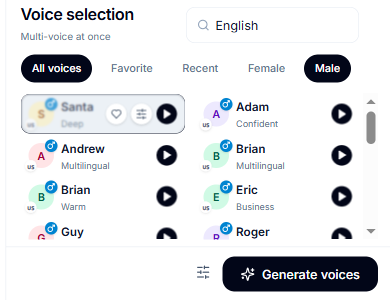 SayVocal voice selection with Santa selected first in the list.